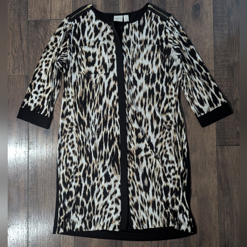 Chicos Women's Animal Print Front Black Back Sheath Dress Button Down Size XL
